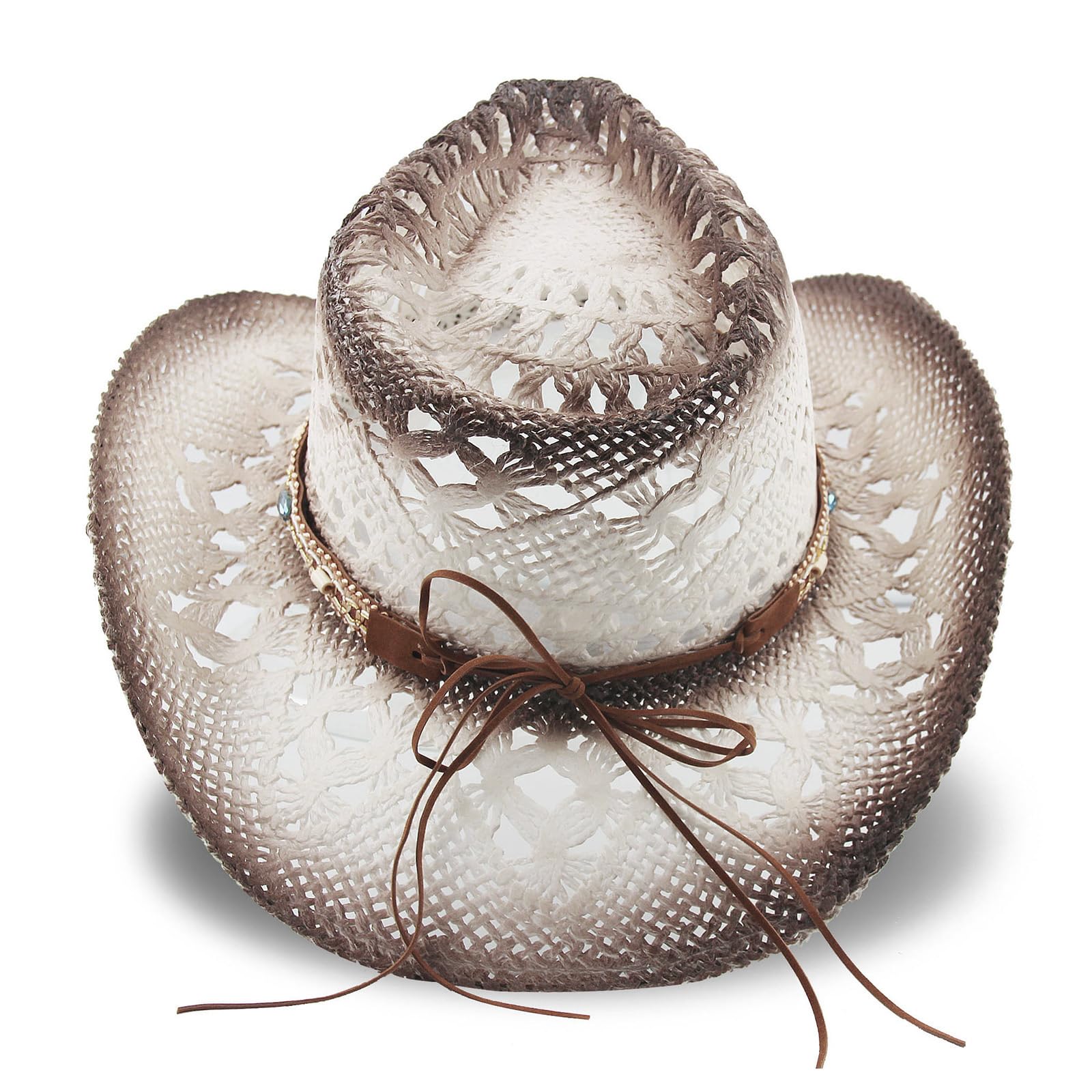 Energy Crystal | Men's Women's Straw Cowboy Hat Cowgirl Woven Sun Hat W/ 2 Decorative Bands | White - Foeran