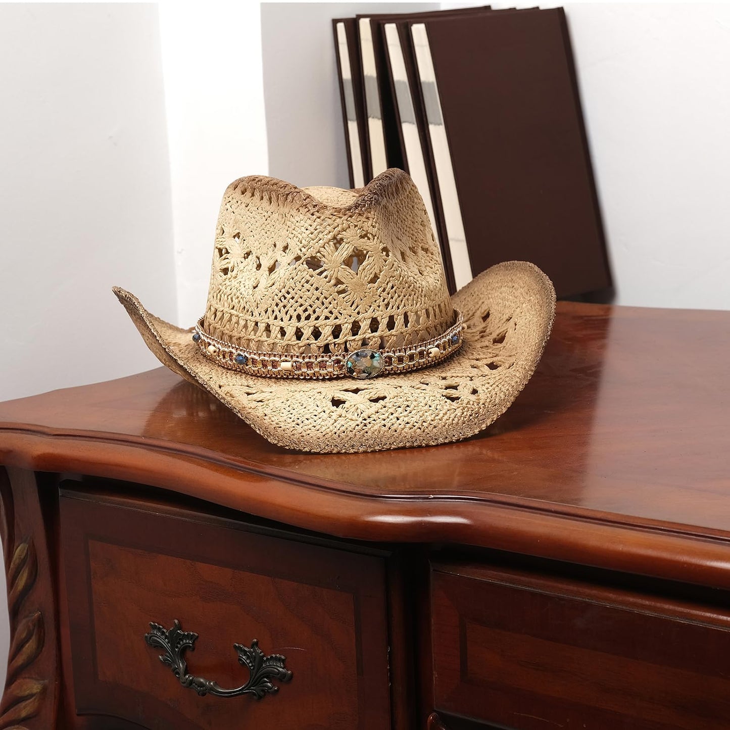 Energy Crystal | Men's Women's Cowboy Hat Cowgirl Straw Sun Hat W/ 2 Decor Bands | Brown - Foeran