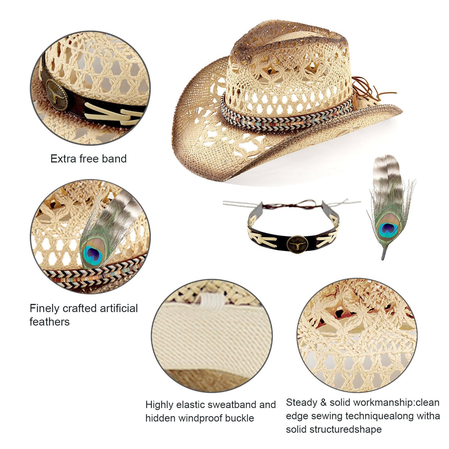 Woven Belt | Western Cowboy Hat For Women Men Cowgirl Hat Straw Country Hat Sun Hat | With Feather - Foeran