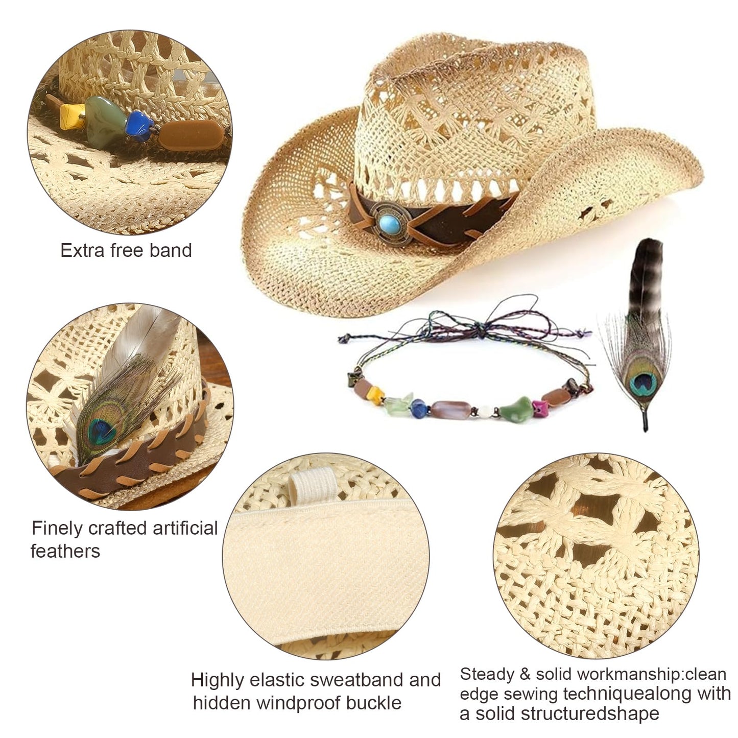 Peacock Blue | Western Cowboy Hat Unique Cowgirl Hat Straw Sun Hat Country Hat | With Feather - Foeran