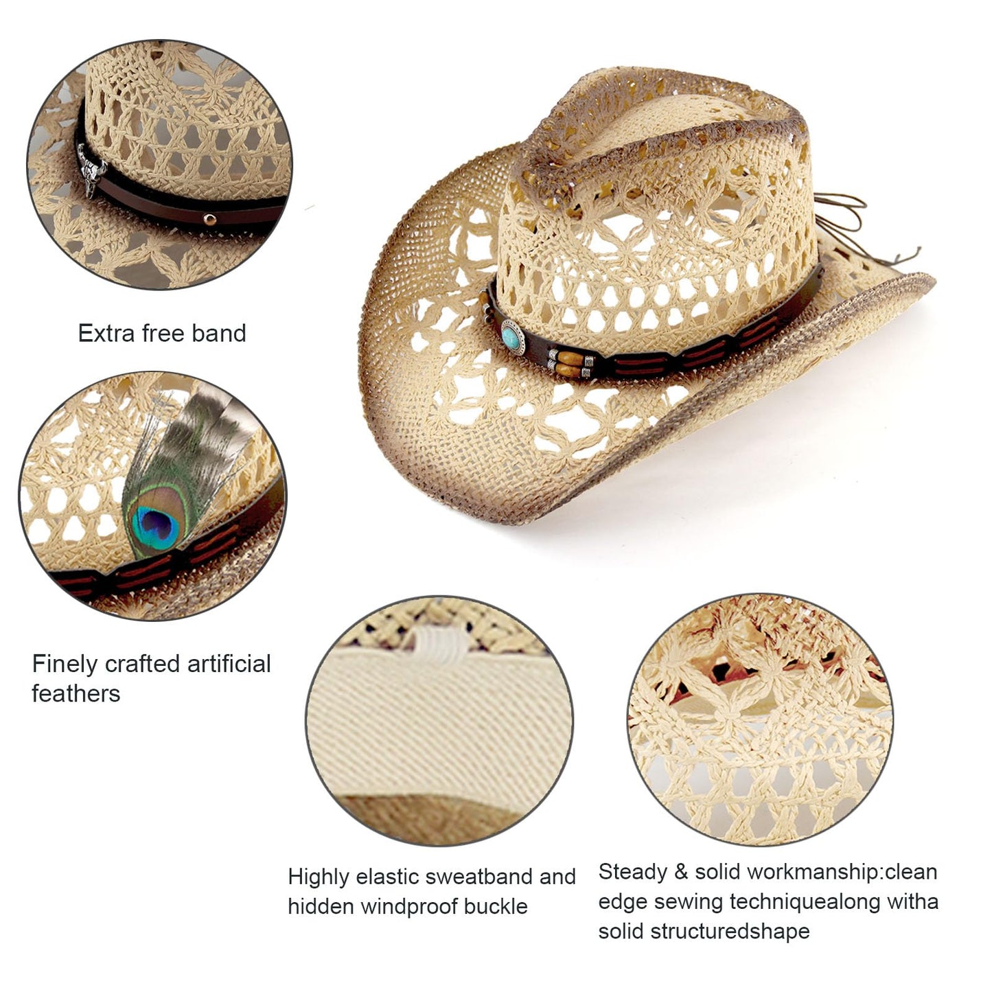 Turquoise Belt | Western Cowboy Hat Unique Cowgirl Hat Straw Sun Hat Country Hat | With Feather - Foeran