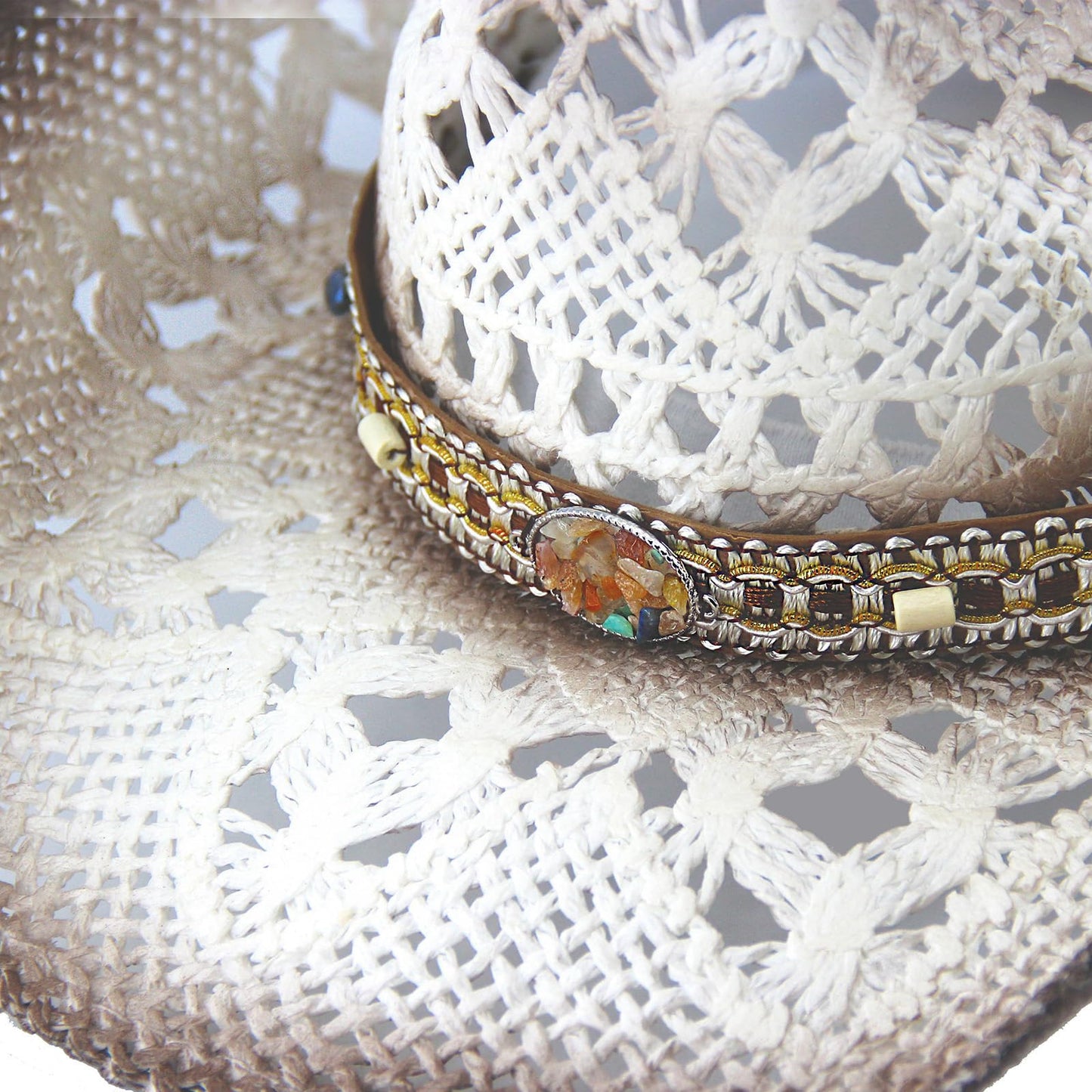 Energy Crystal | Men's Women's Straw Cowboy Hat Cowgirl Woven Sun Hat W/ 2 Decorative Bands | White - Foeran