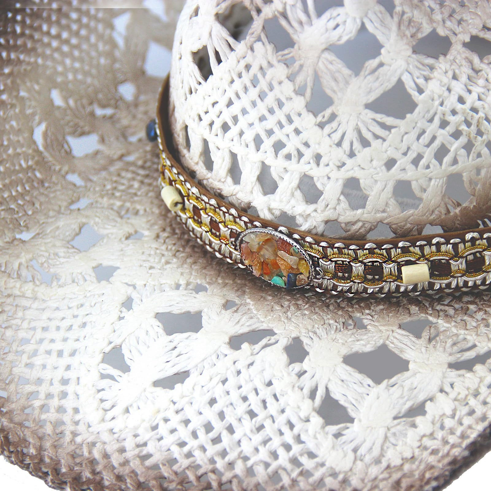 Energy Crystal | Men's Women's Straw Cowboy Hat Cowgirl Woven Sun Hat W/ 2 Decorative Bands | White - Foeran