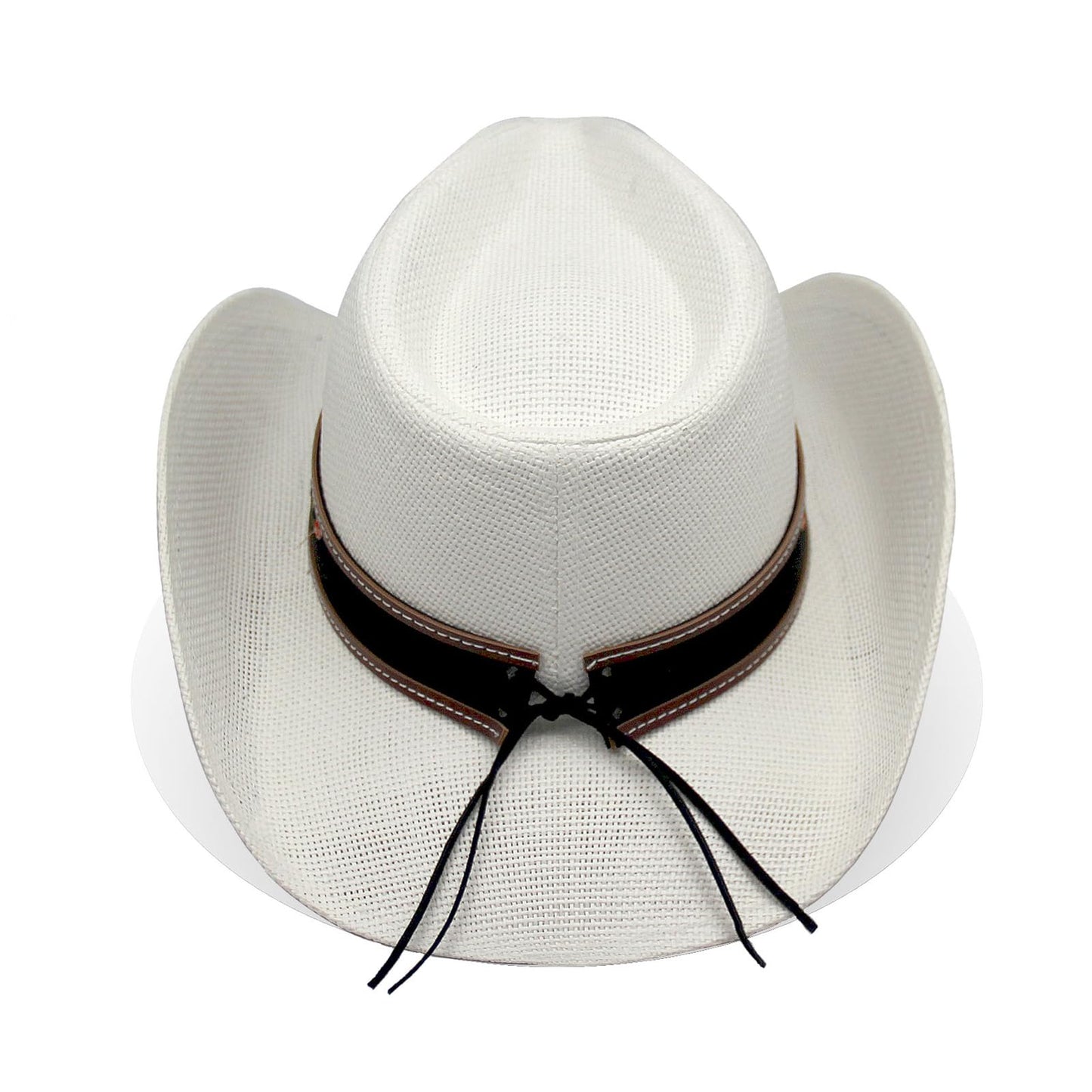 Cowboy Hat For Women Men Straw Cowgirl Hat W/ Faux Leather Embroideries | White - Foeran