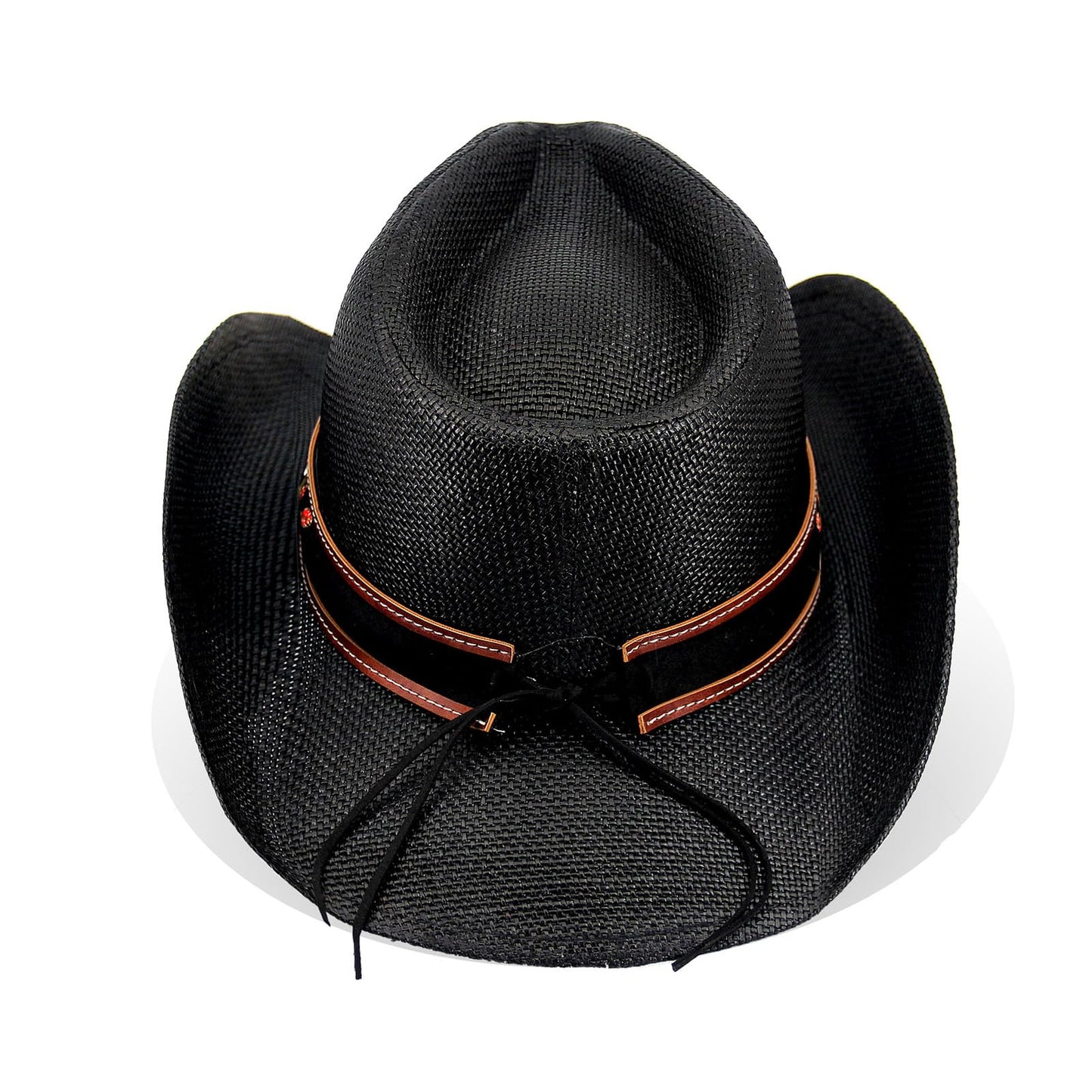 Cowboy Hat For Women Men Straw Cowgirl Hat W/ Faux Leather Embroideries | Black - Foeran