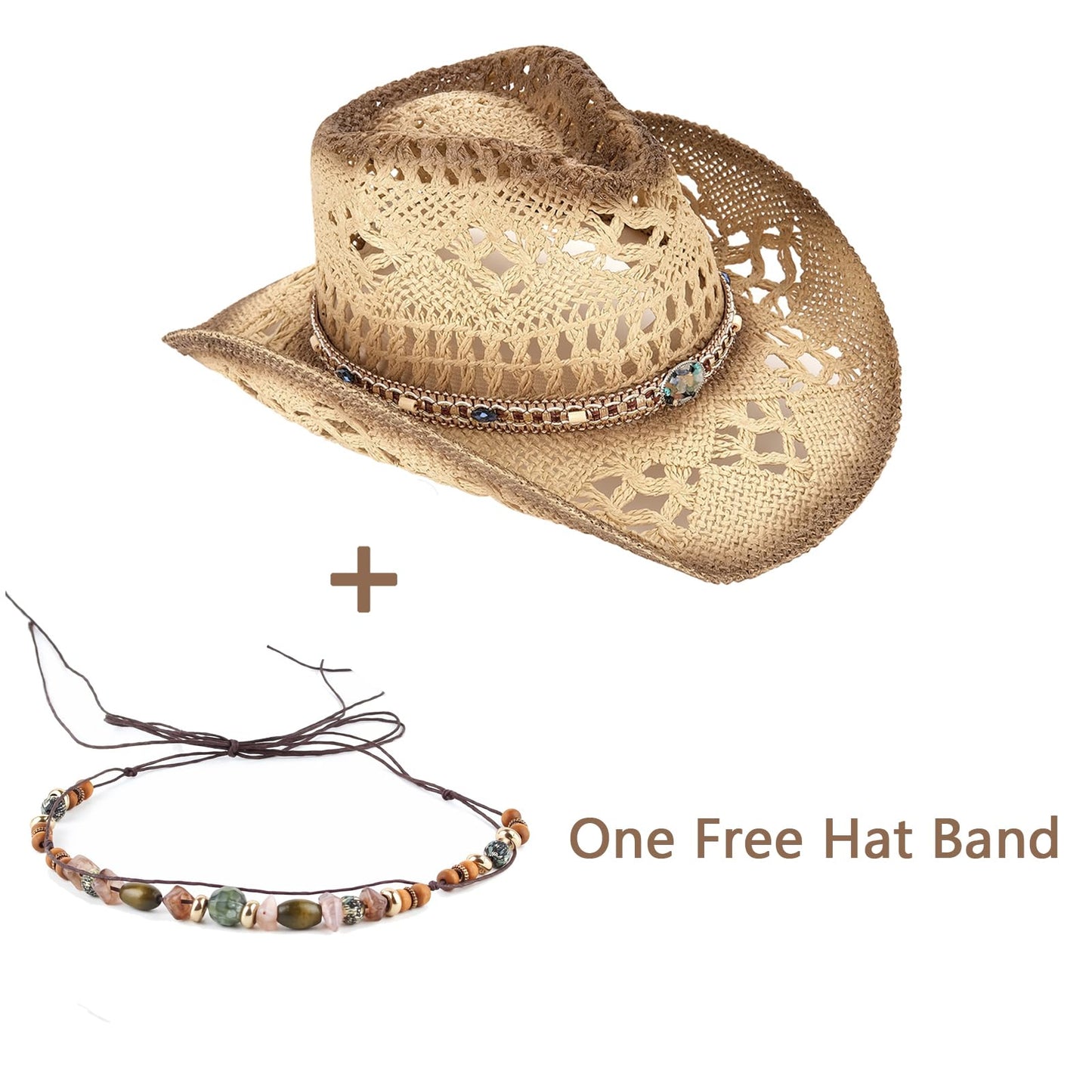 Energy Crystal | Men's Women's Cowboy Hat Cowgirl Straw Sun Hat W/ 2 Decor Bands | Brown - Foeran