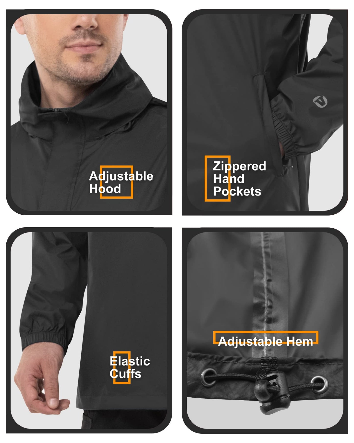 Packable Rain Jacket Men's Lightweight Waterproof Rain Shell Jacket Raincoat with Hood for Golf Cycling Windbreaker - Foeran