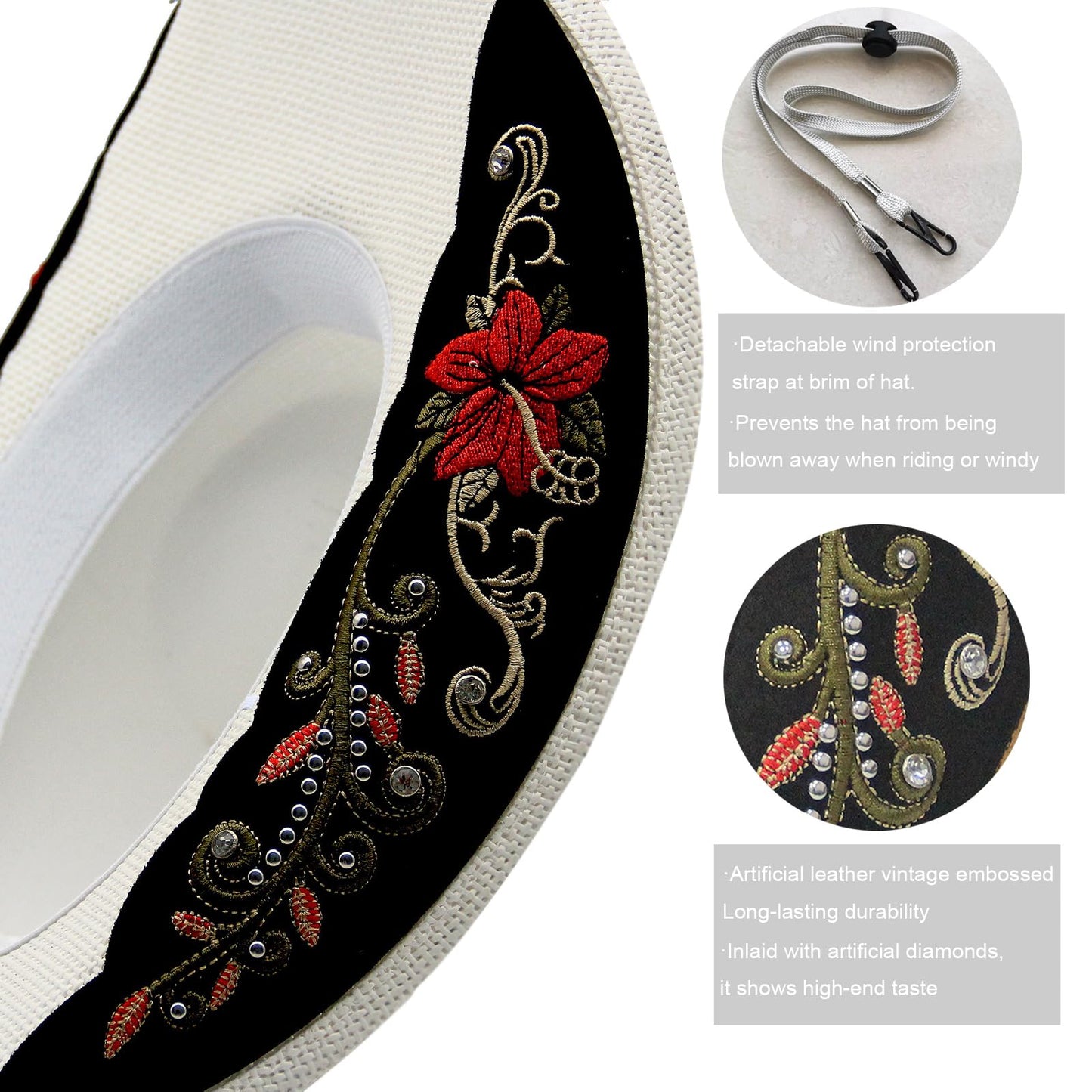 Cowboy Hat For Women Men Straw Cowgirl Hat W/ Faux Leather Embroideries | White - Foeran