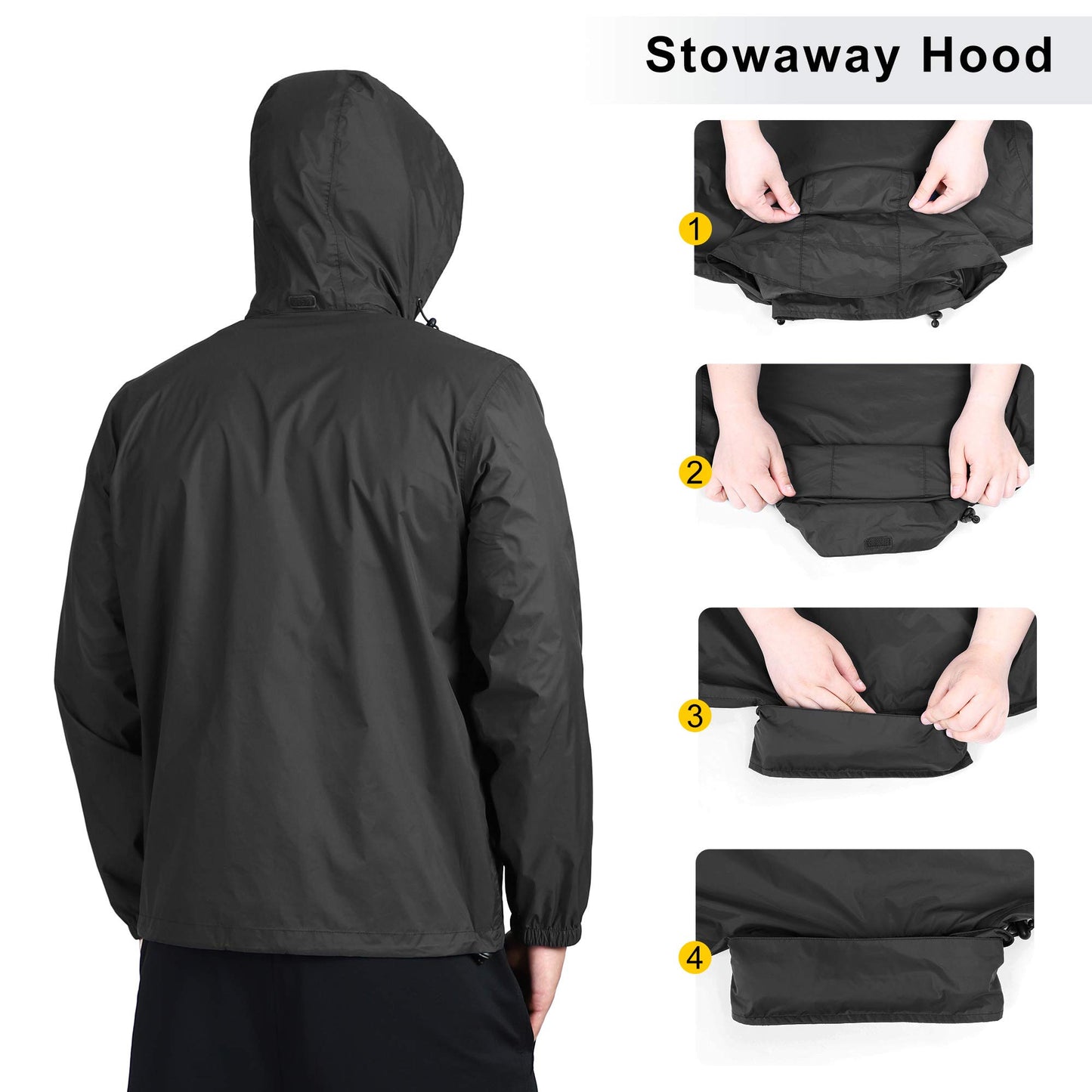 Men's Rain Jacket Waterproof Lightweight Packable Rain Shell Raincoat with Hood for Golf Hiking Travel - Foeran