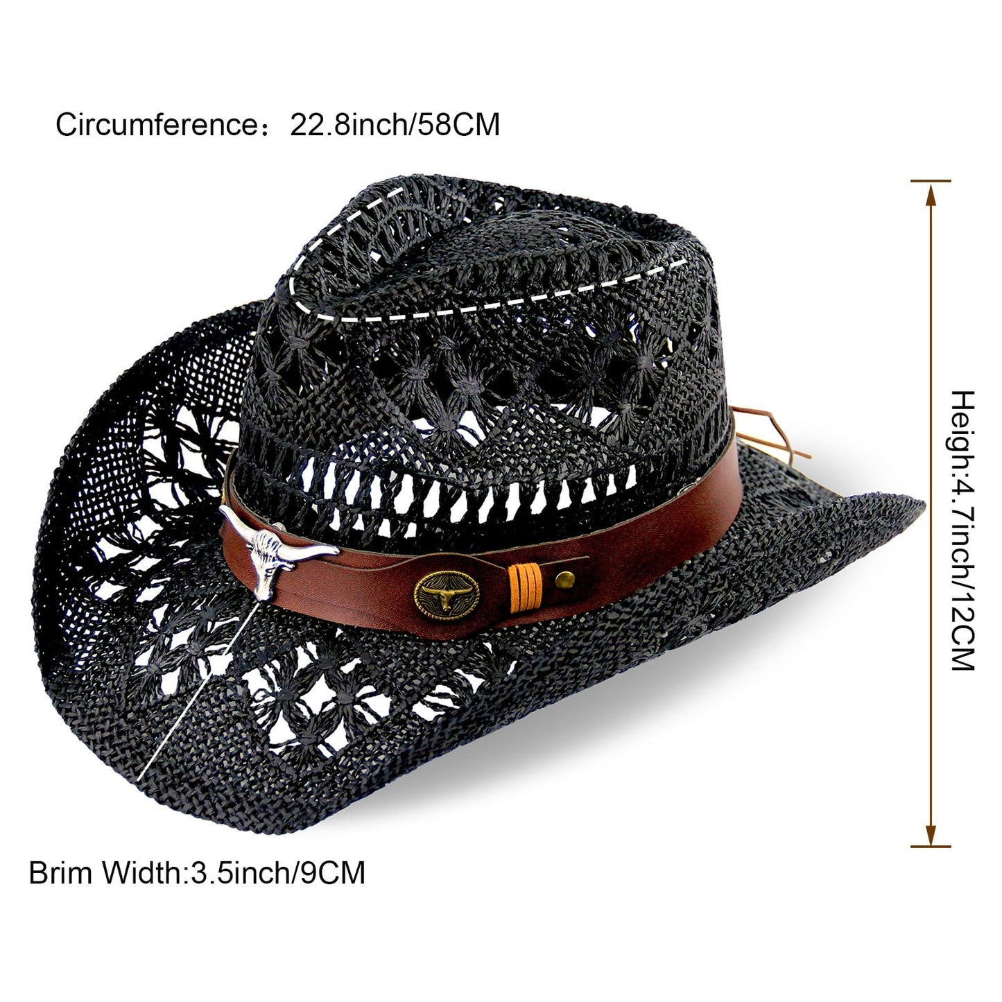 Men's Women's Straw Cowboy Hat Cowgirl Woven Sun Hat Country Hat | Black - Foeran