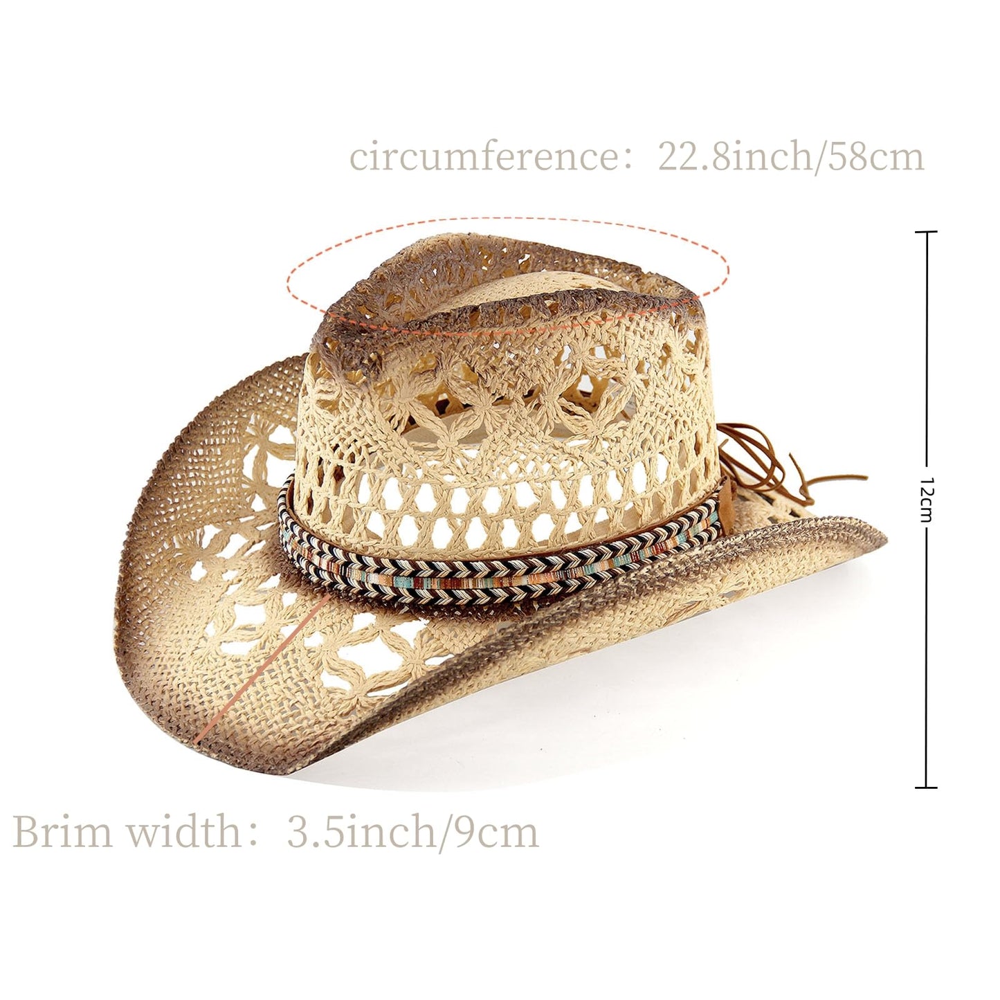 Woven Belt | Western Cowboy Hat For Women Men Cowgirl Hat Straw Country Hat Sun Hat | With Feather - Foeran
