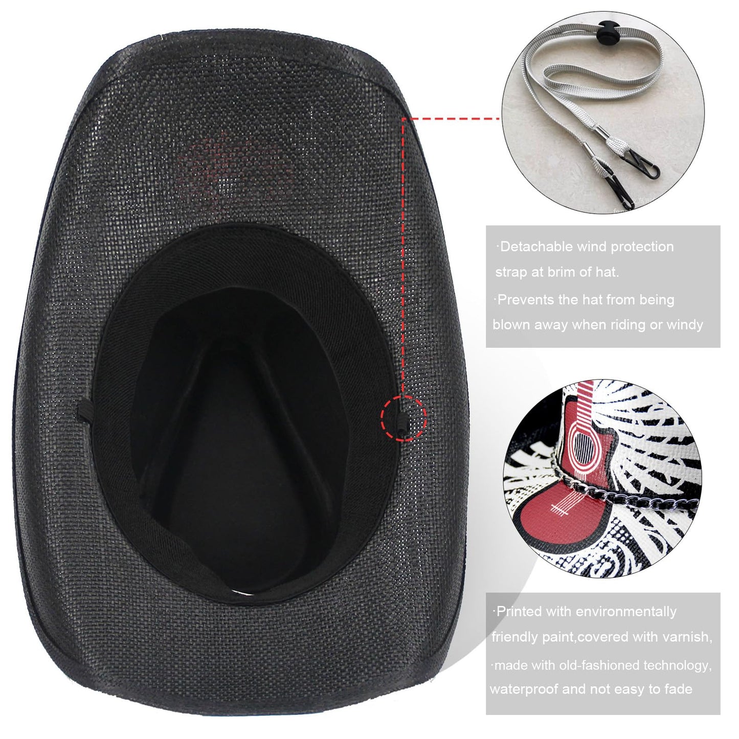 Rock Guitar | Special Men's & Women's Cowboy Hat Straw Cowgirl Hat | Black - Foeran