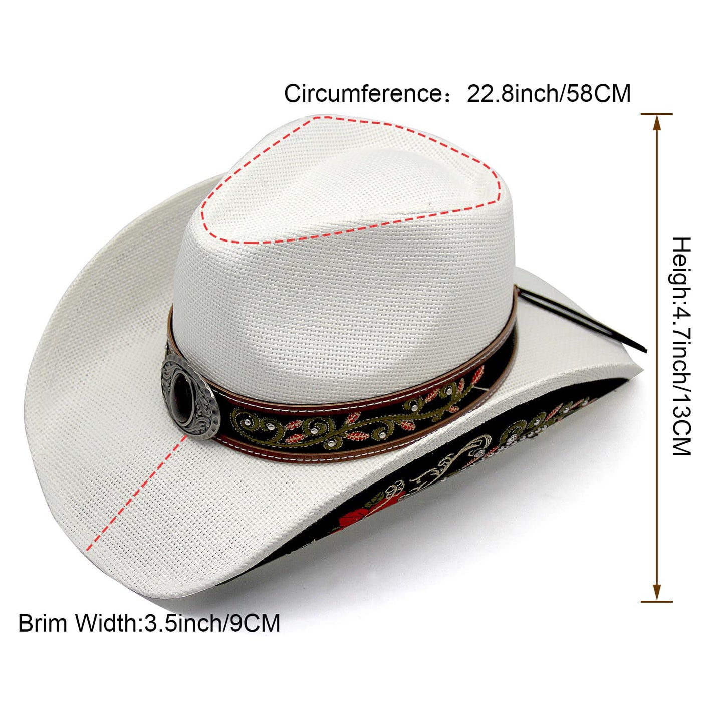 Cowboy Hat For Women Men Straw Cowgirl Hat W/ Faux Leather Embroideries | White - Foeran