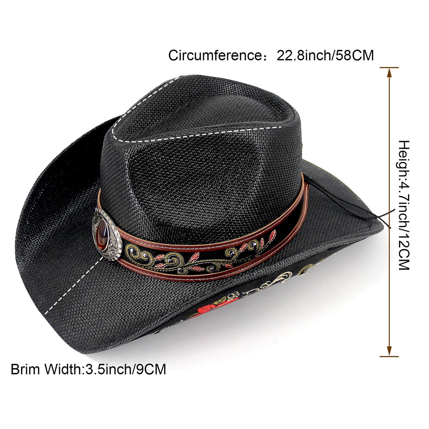 Cowboy Hat For Women Men Straw Cowgirl Hat W/ Faux Leather Embroideries | Black - Foeran
