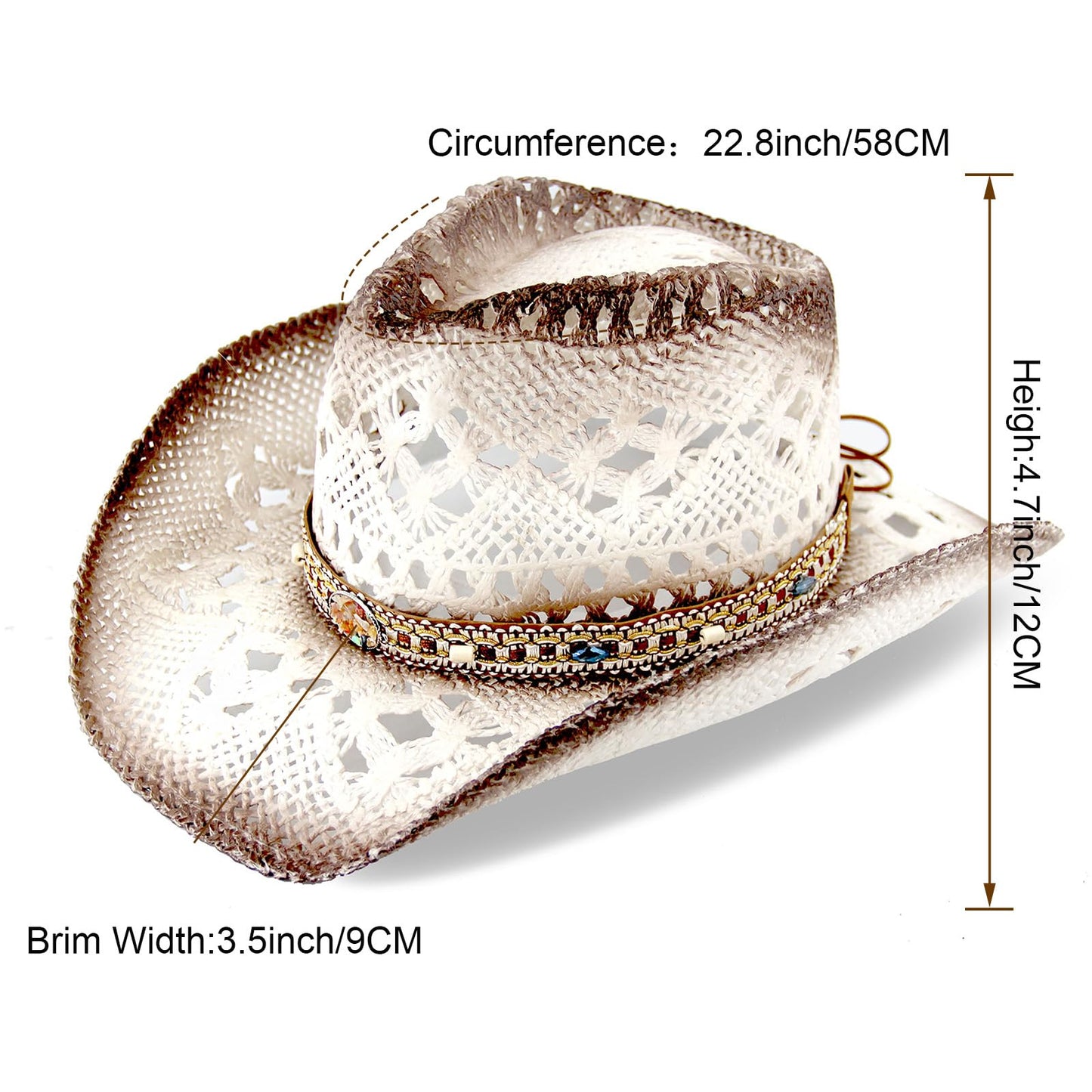 Energy Crystal | Men's Women's Straw Cowboy Hat Cowgirl Woven Sun Hat W/ 2 Decorative Bands | White - Foeran