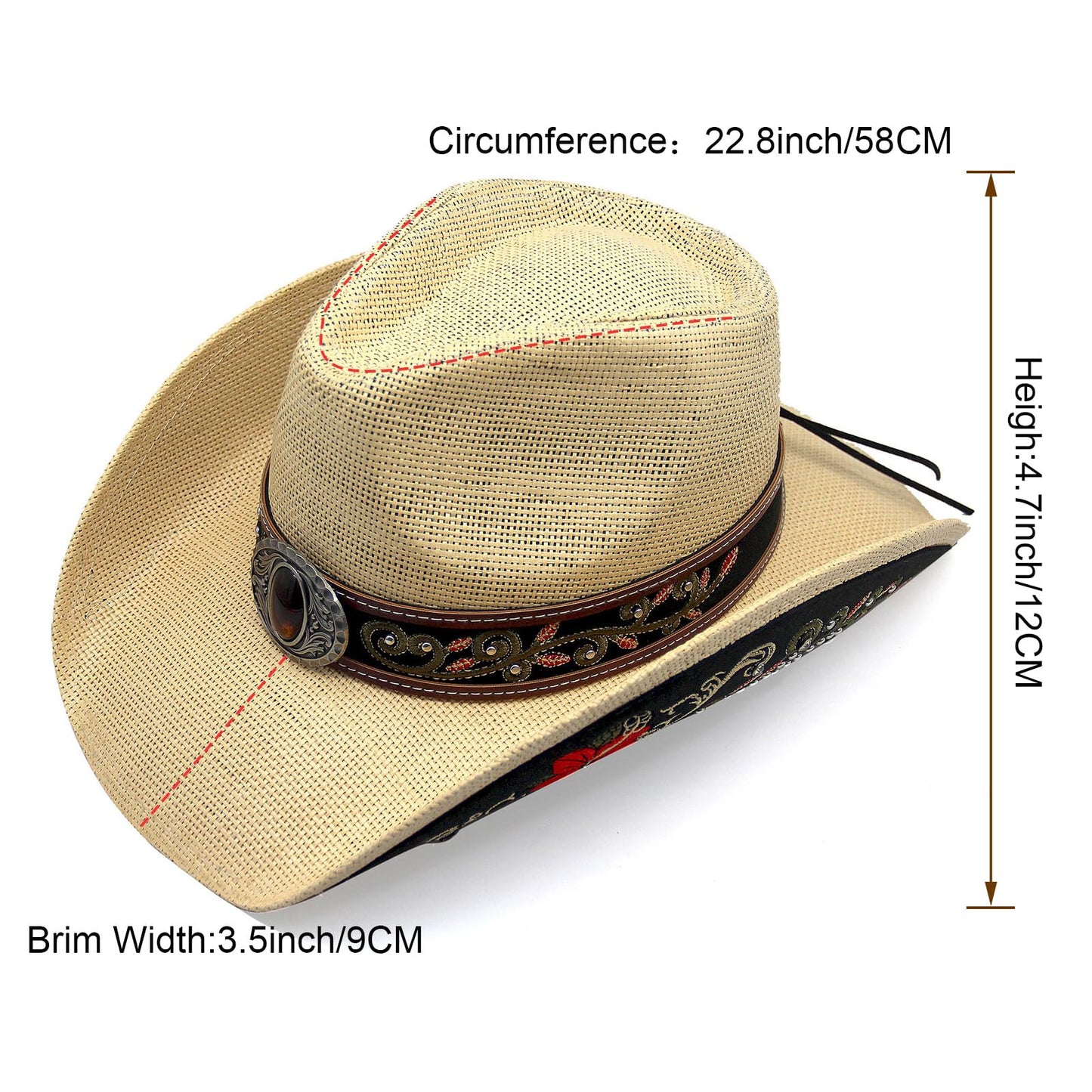 Cowboy Hat For Women Men Straw Cowgirl Hat W/ Faux Leather Embroideries | Beige - Foeran