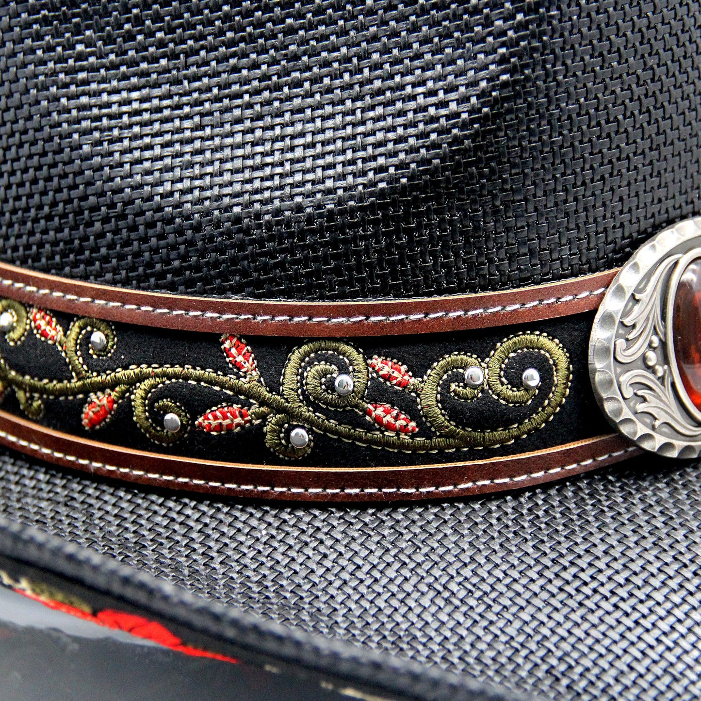 Cowboy Hat For Women Men Straw Cowgirl Hat W/ Faux Leather Embroideries | Black - Foeran