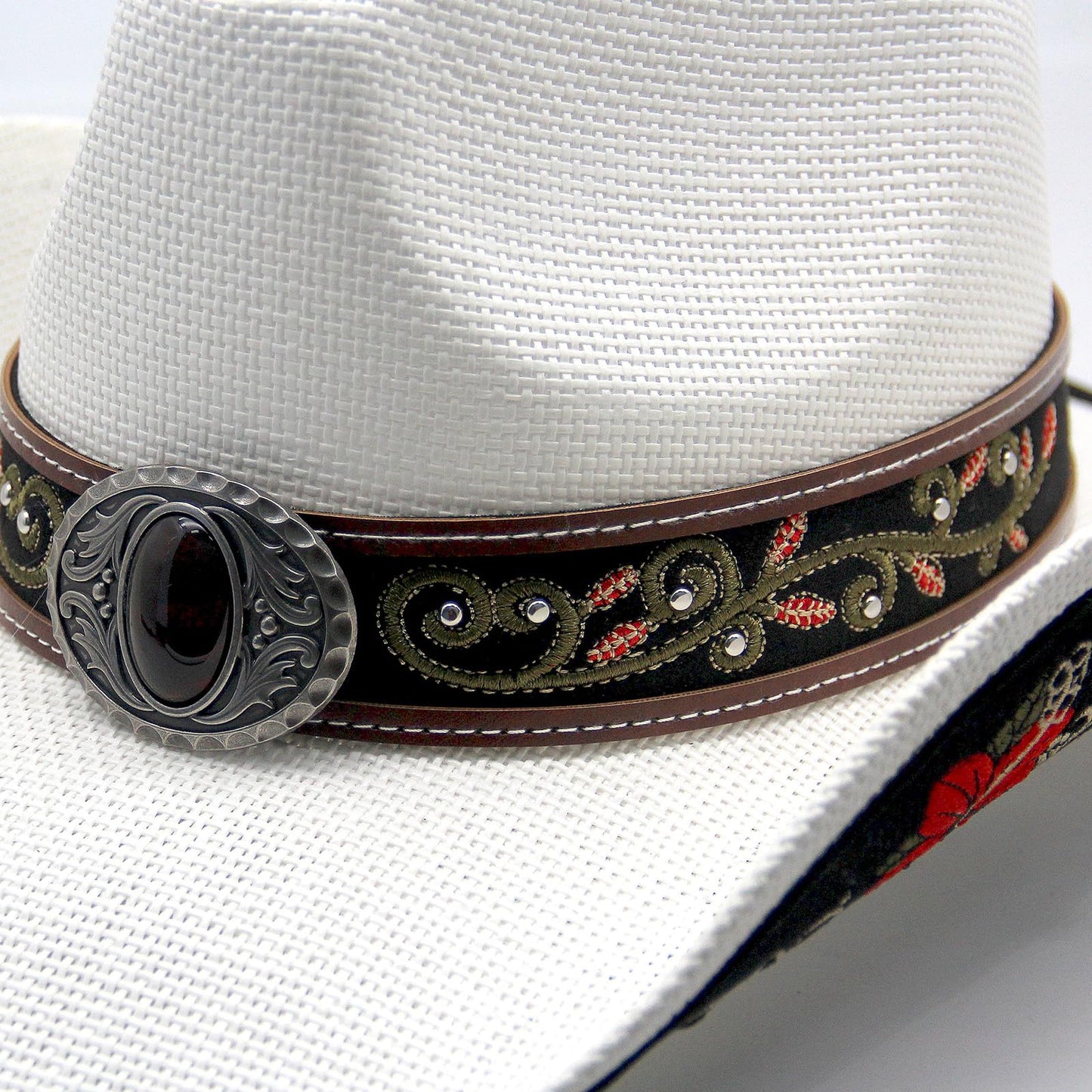 Cowboy Hat For Women Men Straw Cowgirl Hat W/ Faux Leather Embroideries | White - Foeran