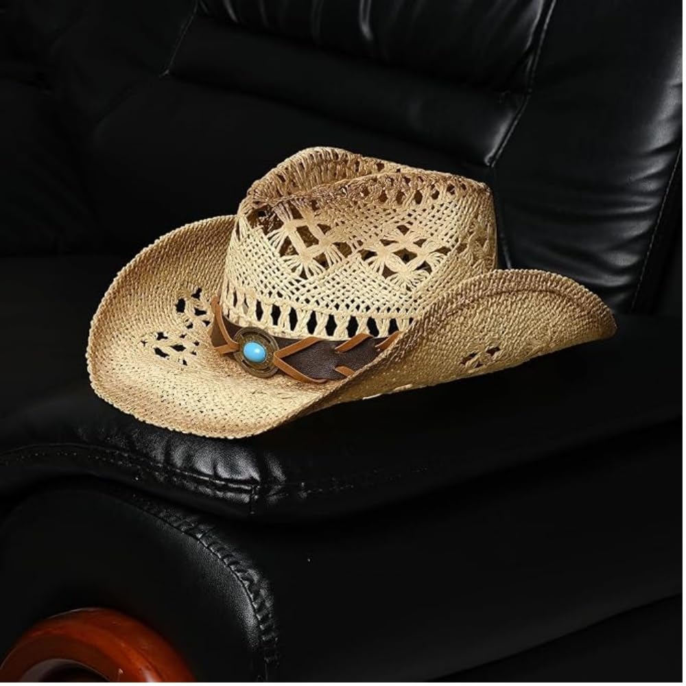 Peacock Blue | Western Cowboy Hat Unique Cowgirl Hat Straw Sun Hat Country Hat | With Feather - Foeran