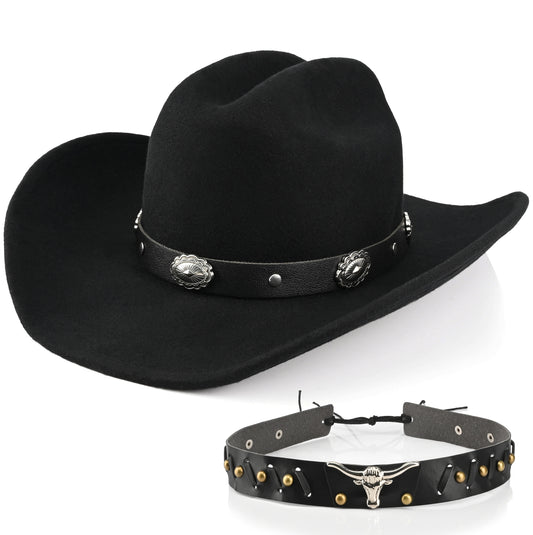 100% Wool - Classic Cowboy Hat for Men Women Felt Western Cowgirl Hat Country Hat with 2 Decorative Bands | Black - Foeran