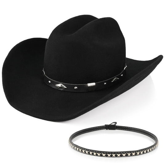 100% Wool - Men's Women's Felt Cowboy Hat Western Cowgirl Hat Country Hat with 2 Decorative Bands | Black - Foeran