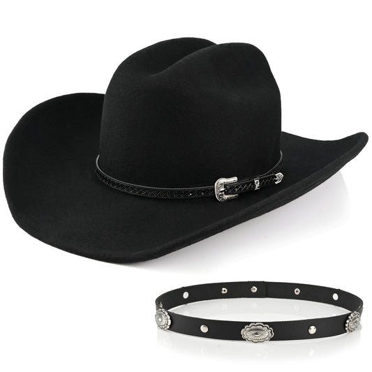 100% Wool - Felt Cowboy Hat for Men Women Classic Western Cowgirl Hat Country Hat with Two Decorative Bands | Black - Foeran