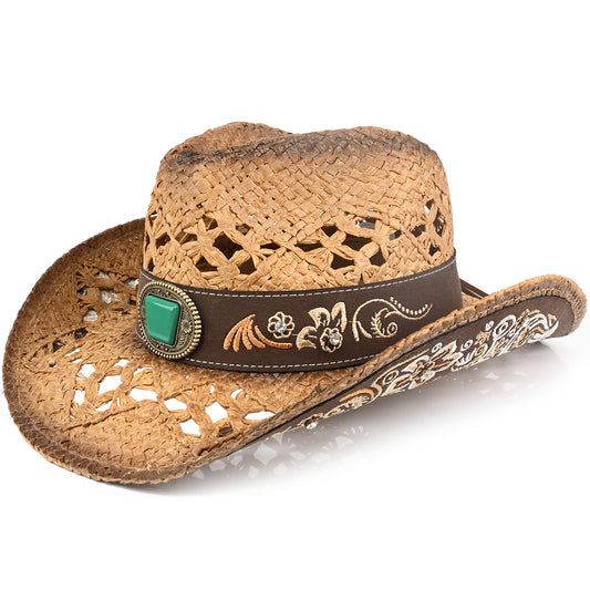 Men's & Women's Cowboy Hat Classic Cowgirl Hat With Embroidered Designs | Brown - Foeran