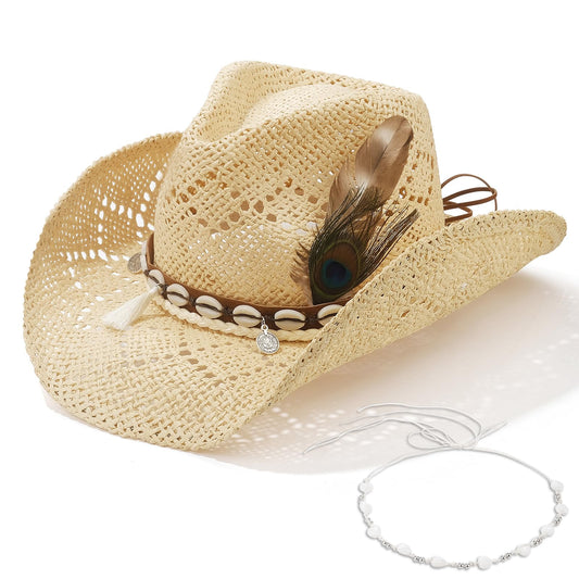 Beach Shell | Western Cowboy Hat For Women Men Cowgirl Hat Straw Country Hat Sun Hat | With Feather - Foeran