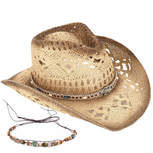 Energy Crystal | Men's Women's Cowboy Hat Cowgirl Straw Sun Hat W/ 2 Decor Bands | Brown - Foeran