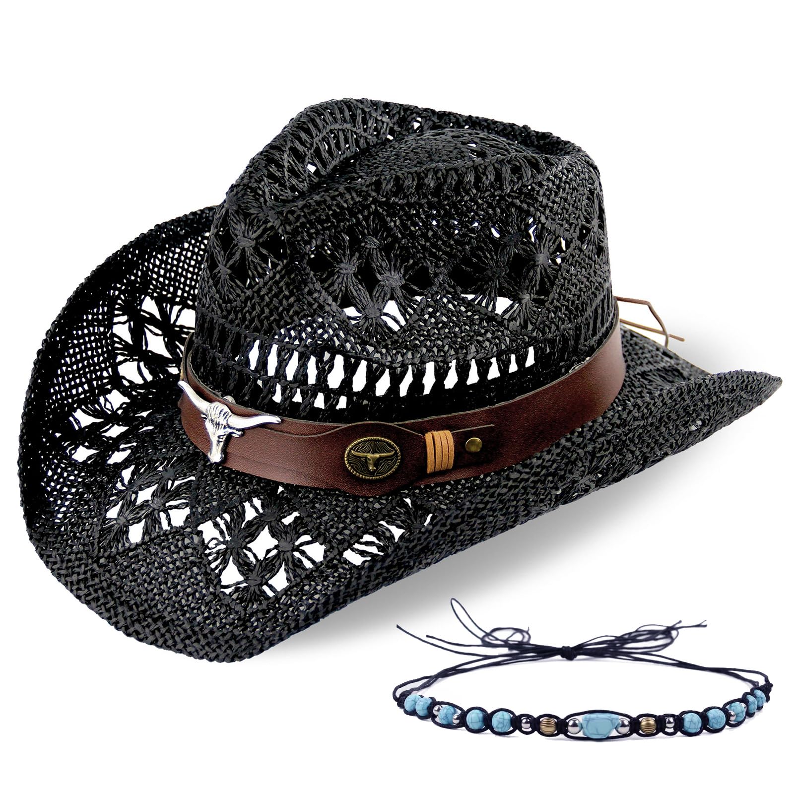 Men's Women's Straw Cowboy Hat Cowgirl Woven Sun Hat Country Hat | Black - Foeran