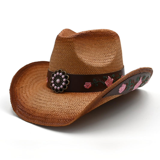 Victorian Style | Straw Cowboy & Cowgirl Hat Western Country Hat WIth Embroidered Leather Decor Band | Brown - Foeran