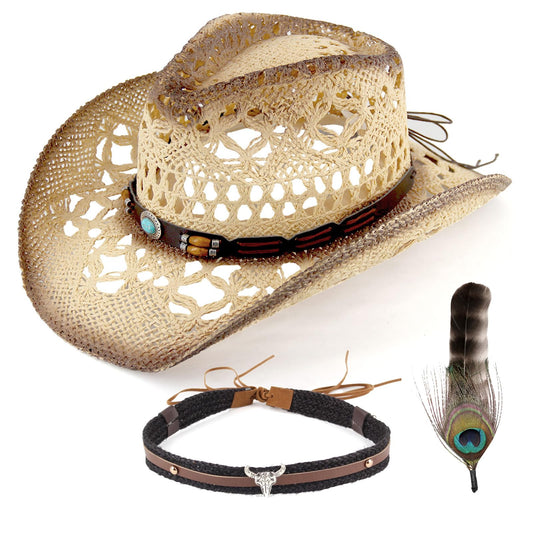 Turquoise Belt | Western Cowboy Hat Unique Cowgirl Hat Straw Sun Hat Country Hat | With Feather - Foeran