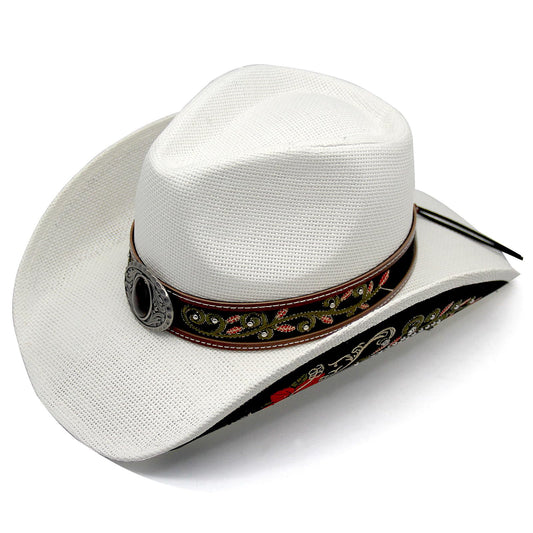 Cowboy Hat For Women Men Straw Cowgirl Hat W/ Faux Leather Embroideries | White - Foeran