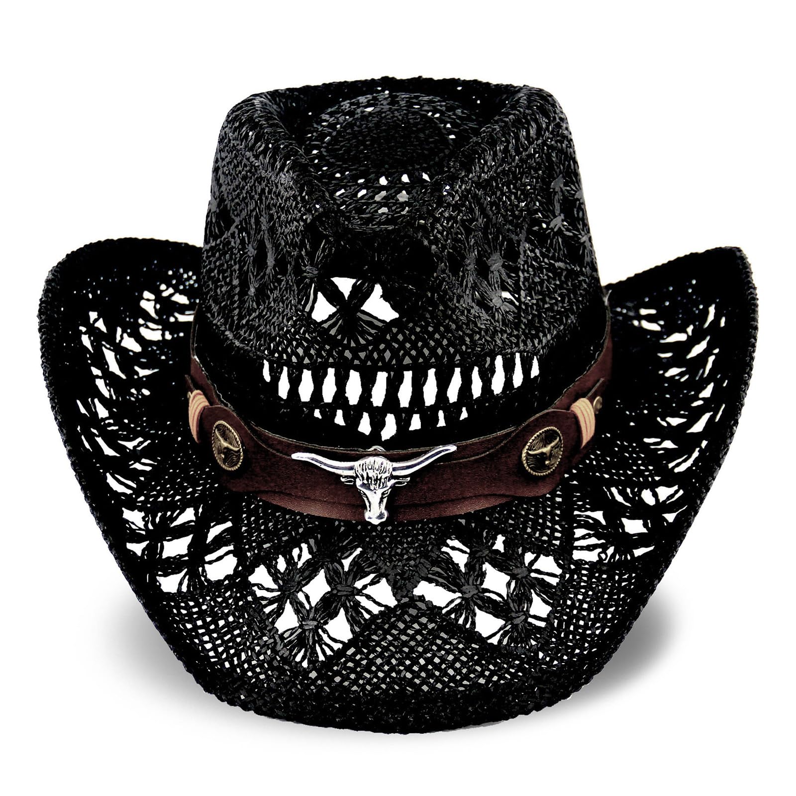 Men's Women's Straw Cowboy Hat Cowgirl Woven Sun Hat Country Hat | Black - Foeran