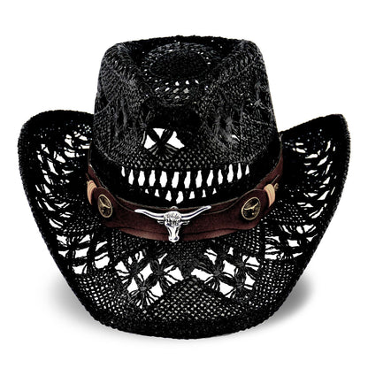 Men's Women's Straw Cowboy Hat Cowgirl Woven Sun Hat Country Hat | Black - Foeran