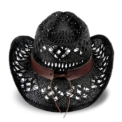 Men's Women's Straw Cowboy Hat Cowgirl Woven Sun Hat Country Hat | Black - Foeran