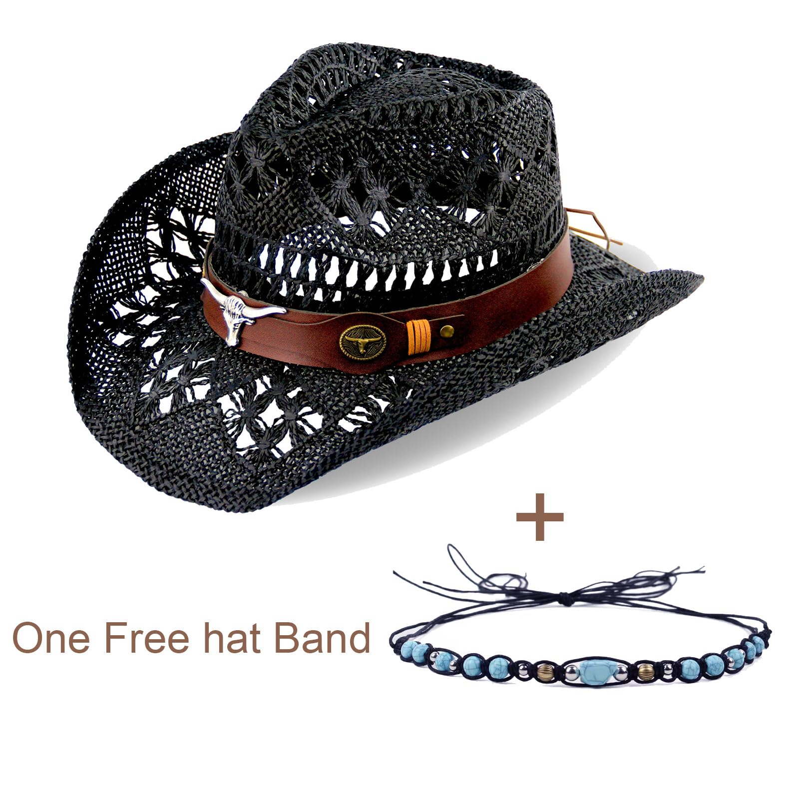 Men's Women's Straw Cowboy Hat Cowgirl Woven Sun Hat Country Hat | Black - Foeran