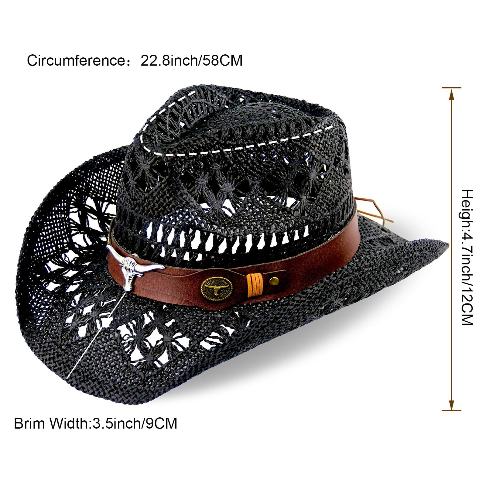 Men's Women's Straw Cowboy Hat Cowgirl Woven Sun Hat Country Hat | Black - Foeran