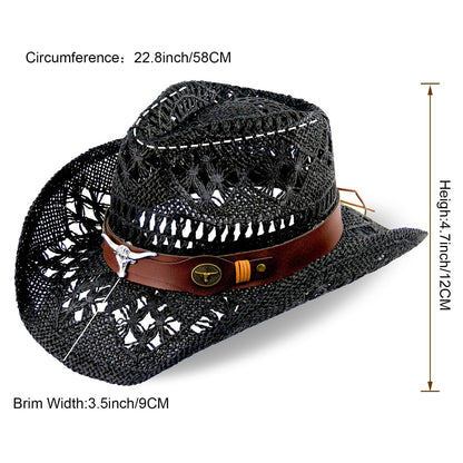 Men's Women's Straw Cowboy Hat Cowgirl Woven Sun Hat Country Hat | Black - Foeran