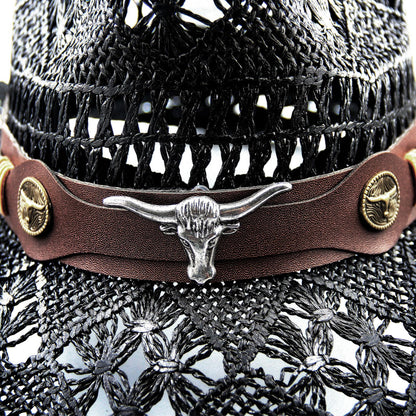 Men's Women's Straw Cowboy Hat Cowgirl Woven Sun Hat Country Hat | Black - Foeran