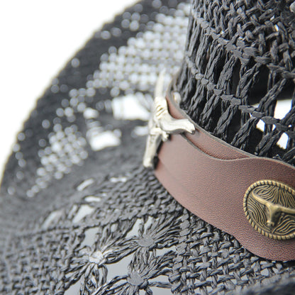 Men's Women's Straw Cowboy Hat Cowgirl Woven Sun Hat Country Hat | Black - Foeran